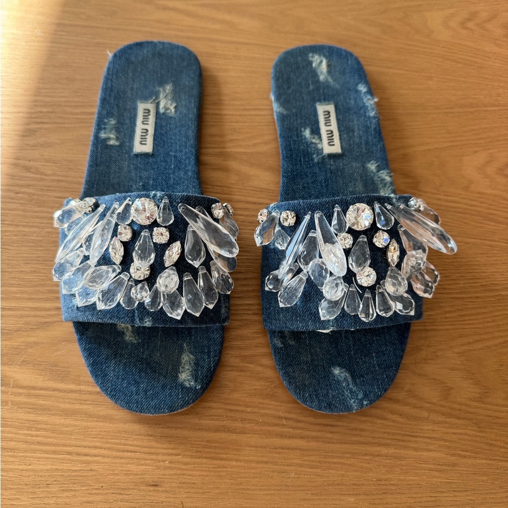 Miu Miu Distressed Denim Embellished Women's Slides